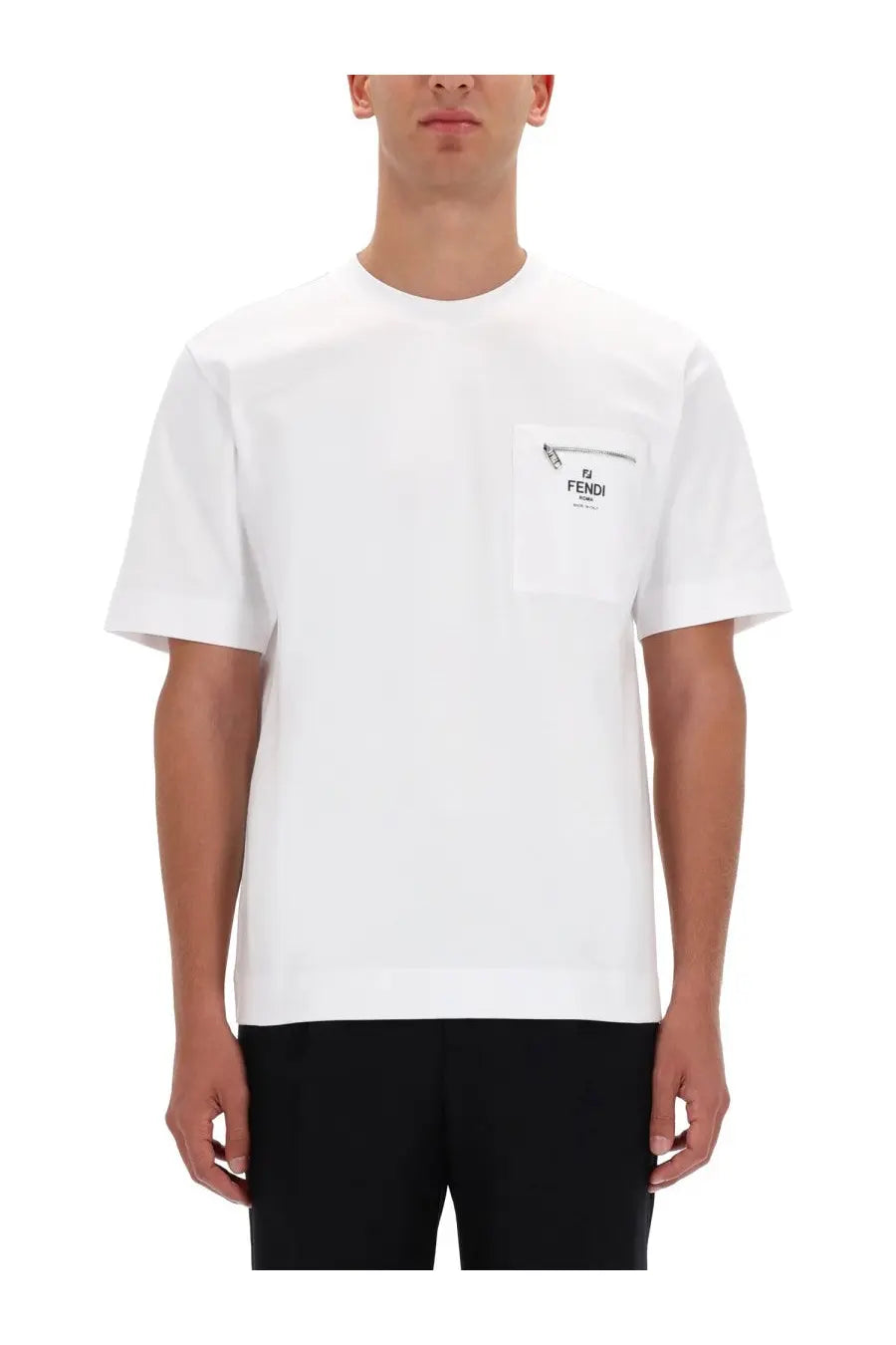 Fendi men’s white pocket shirt with chest pocket logo and zipper detail in soft cotton material