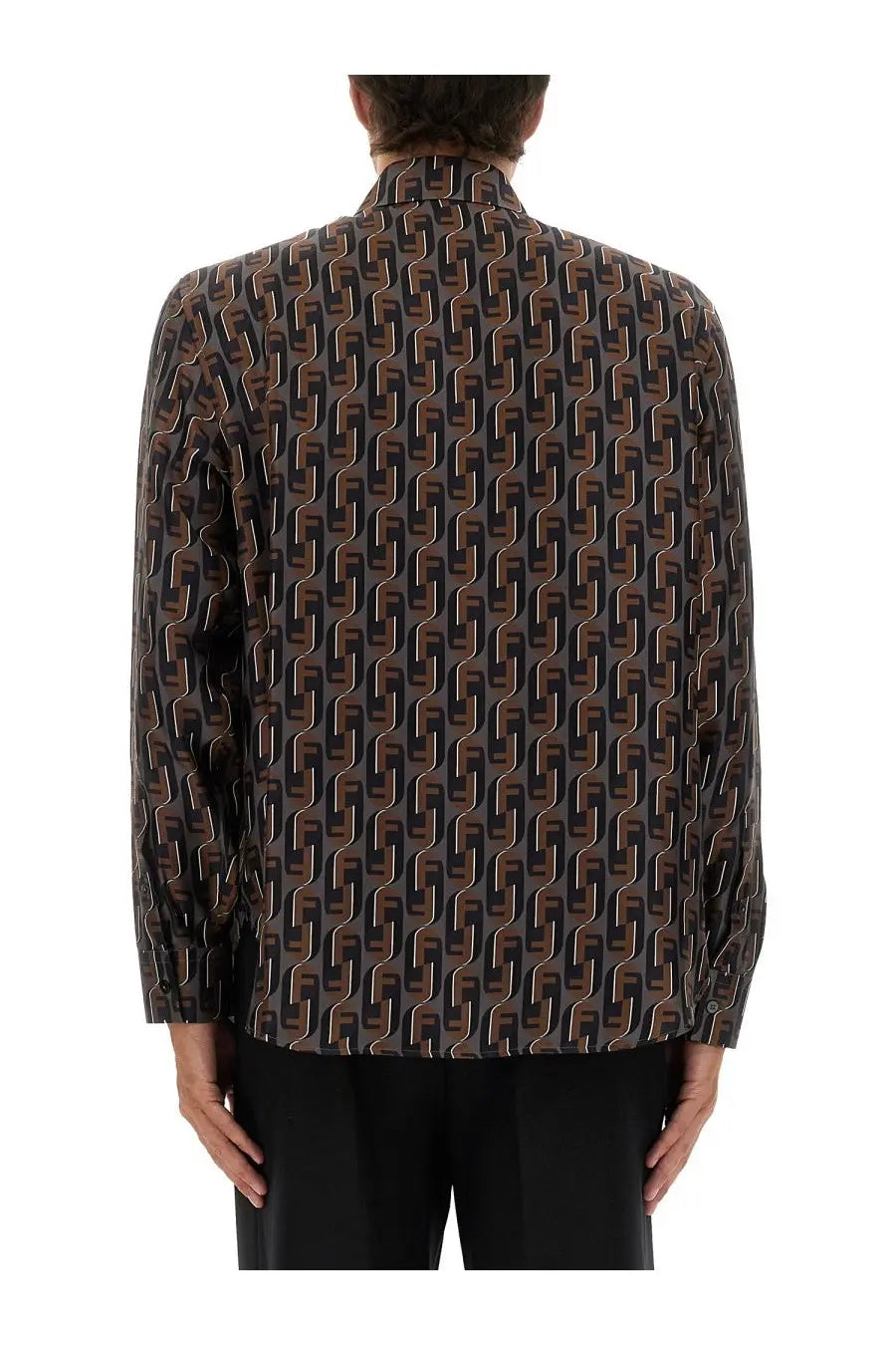 Fendi men’s long-sleeved silk shirt in brown and black with repeating interlocking f logo geometric pattern