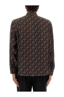 Fendi men’s long-sleeved silk shirt in brown and black with repeating interlocking f logo geometric pattern