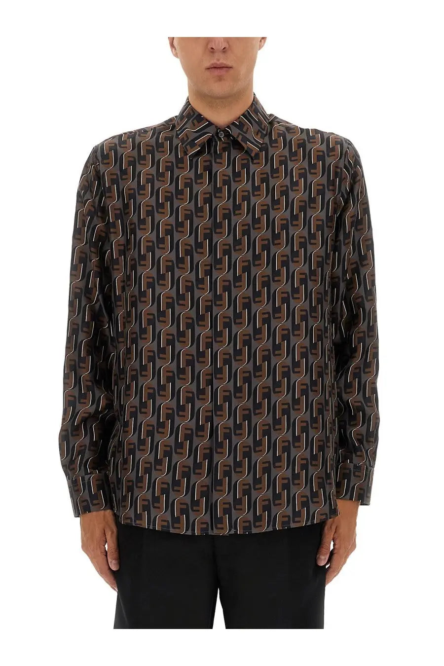 Fendi men’s long-sleeved button-up shirt in dark brown and black ff logo pattern made from lightweight silk-like fabric