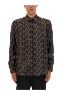 Fendi men’s long-sleeved button-up shirt in dark brown and black ff logo pattern made from lightweight silk-like fabric