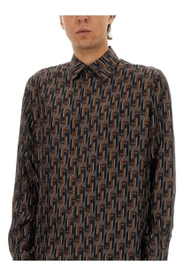 Fendi men’s long-sleeved button-up shirt in dark brown and black ff logo pattern made of smooth silk-like fabric