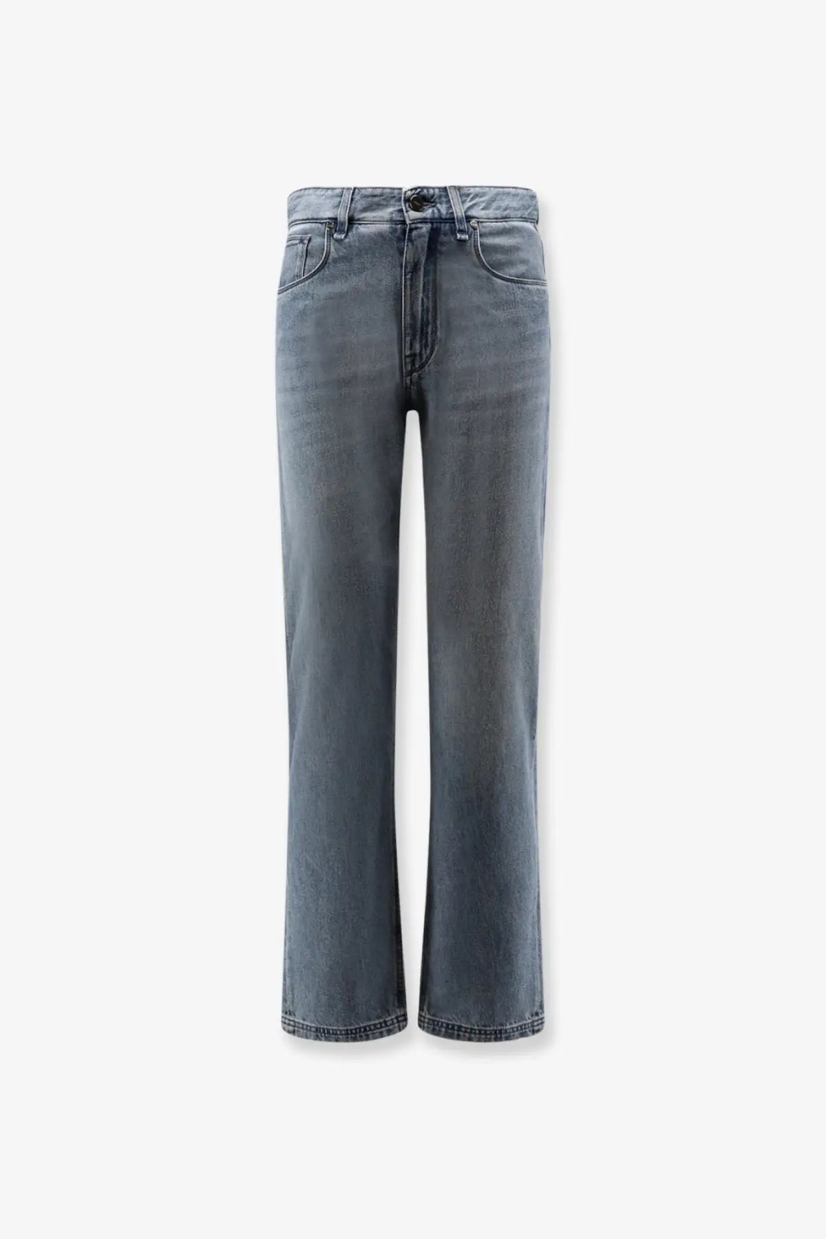 Fendi men’s high-waisted straight-leg denim jeans in faded gray wash with classic stitching and button closure