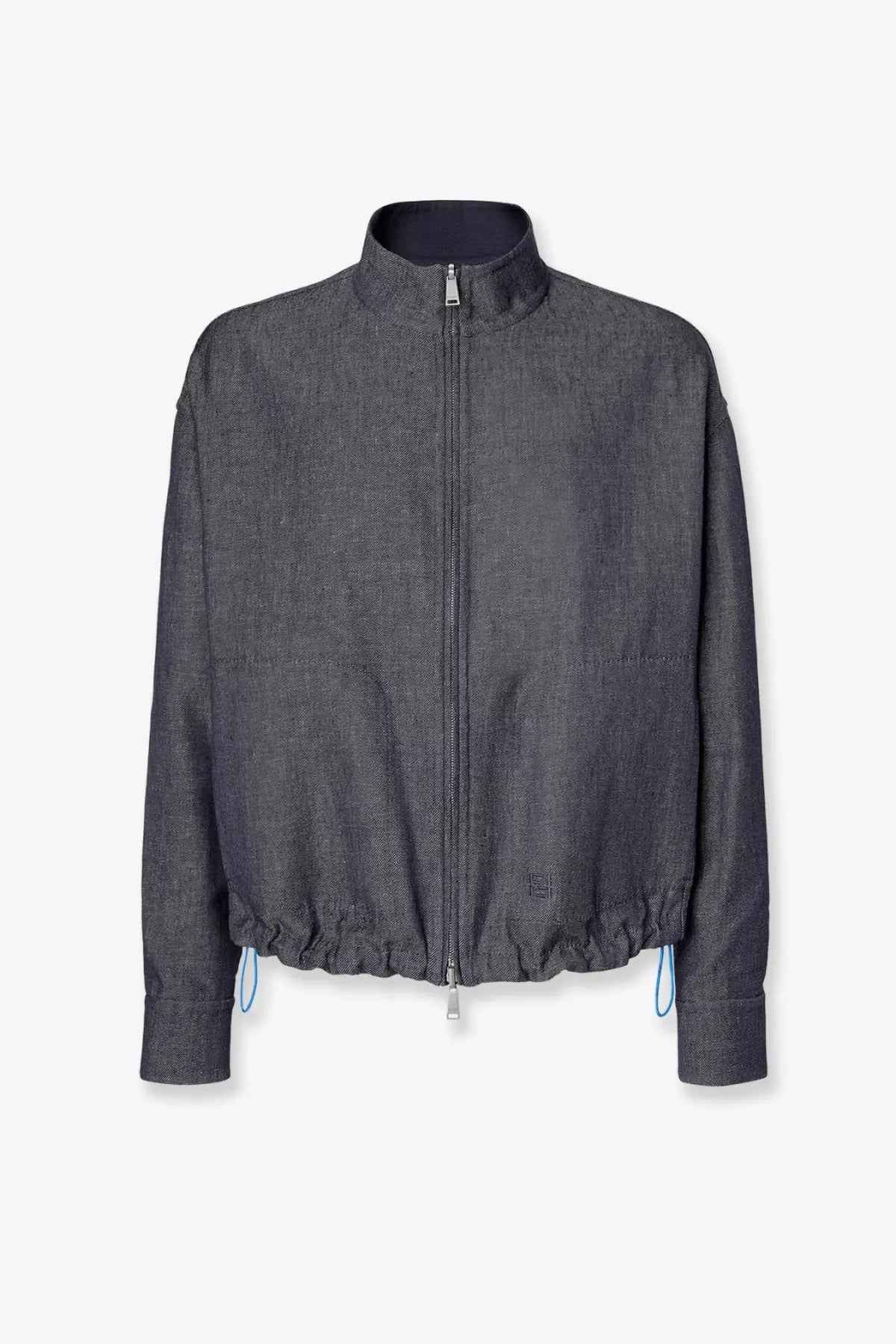Fendi men’s reversible denim jacket in dark gray textured fabric with high collar and subtle blue drawstring cuffs
