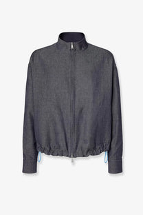 Fendi men’s reversible denim jacket in dark gray textured fabric with high collar and subtle blue drawstring cuffs