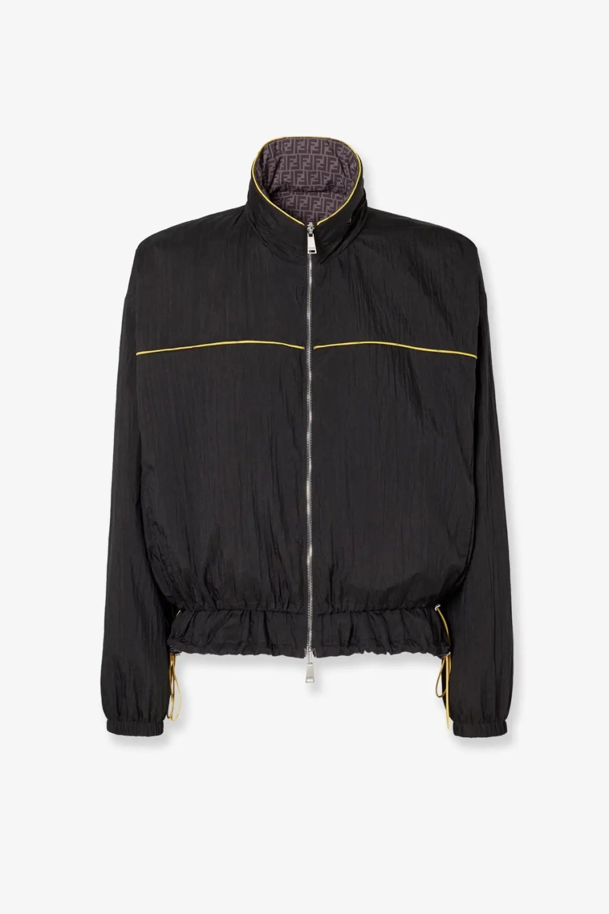 Fendi men’s reversible black nylon jacket with gold-tone trim and signature ff pattern lining shown from the back
