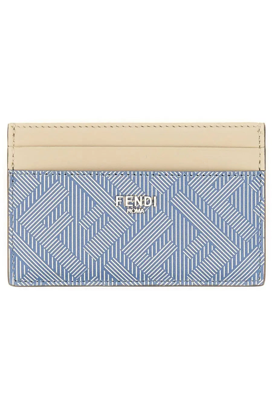Fendi Men’s Shadow card holder with blue and white geometric pattern and beige leather accents