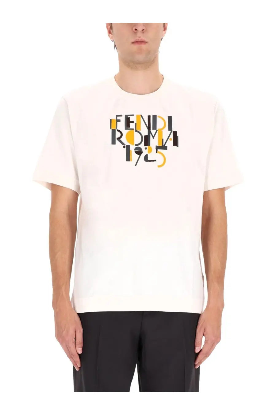 Fendi men’s off-white t-shirt with bold black and yellow graphic print multicolor casual shirt
