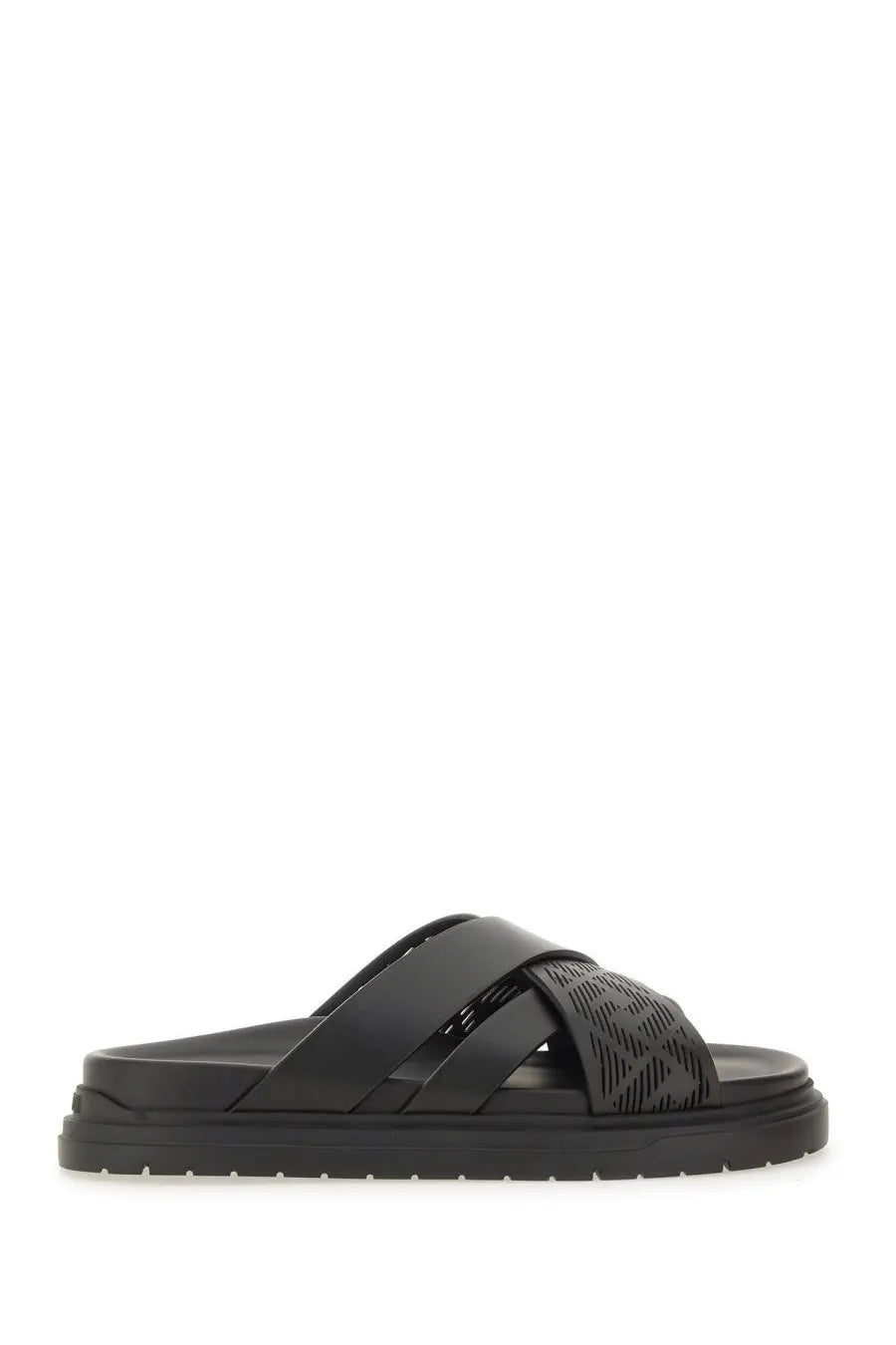 Fendi men’s black platform slide sandal with textured patterned strap and smooth leather-like material