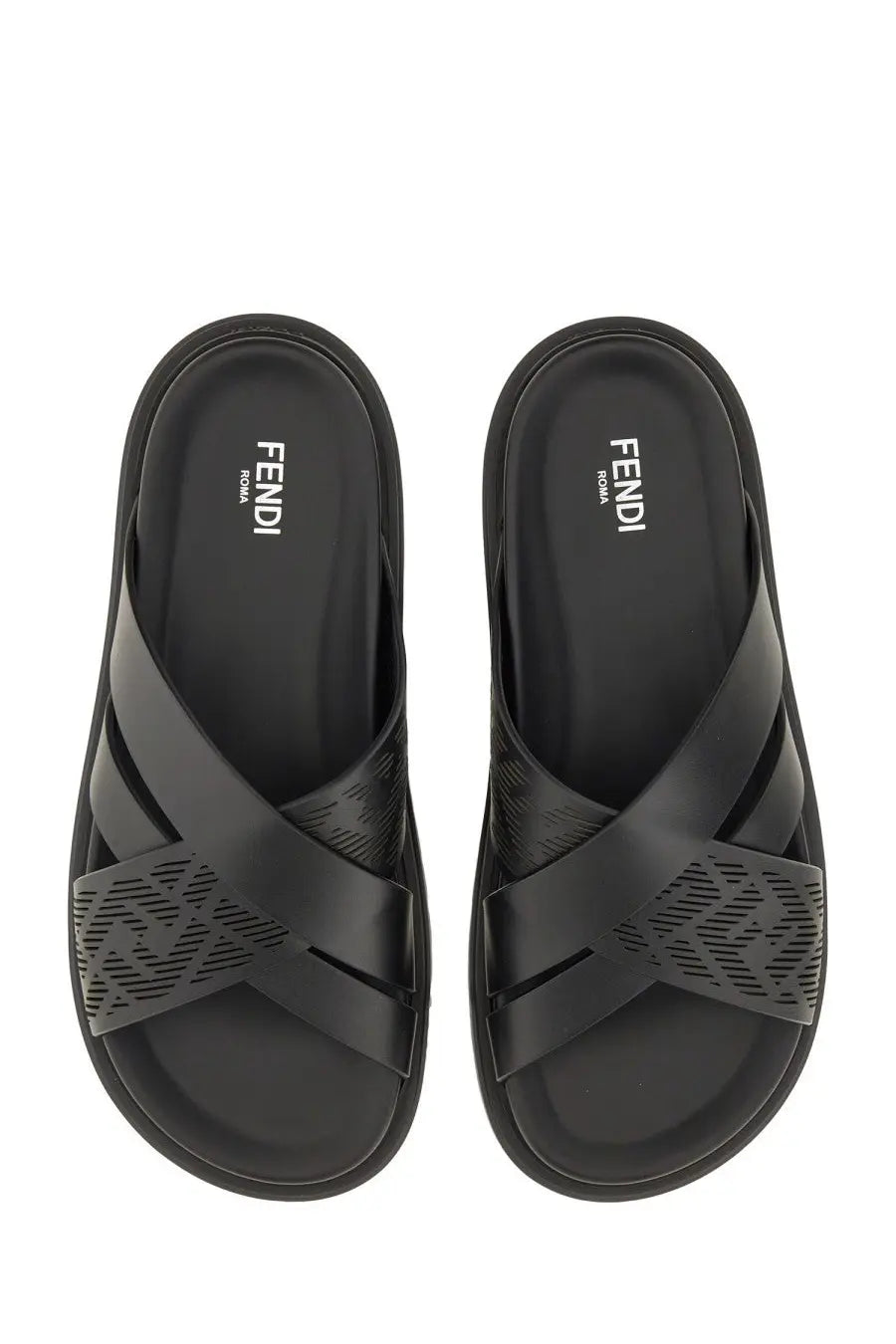 Fendi men’s black slide sandal with cross-over straps and textured patterned panels for casual wear