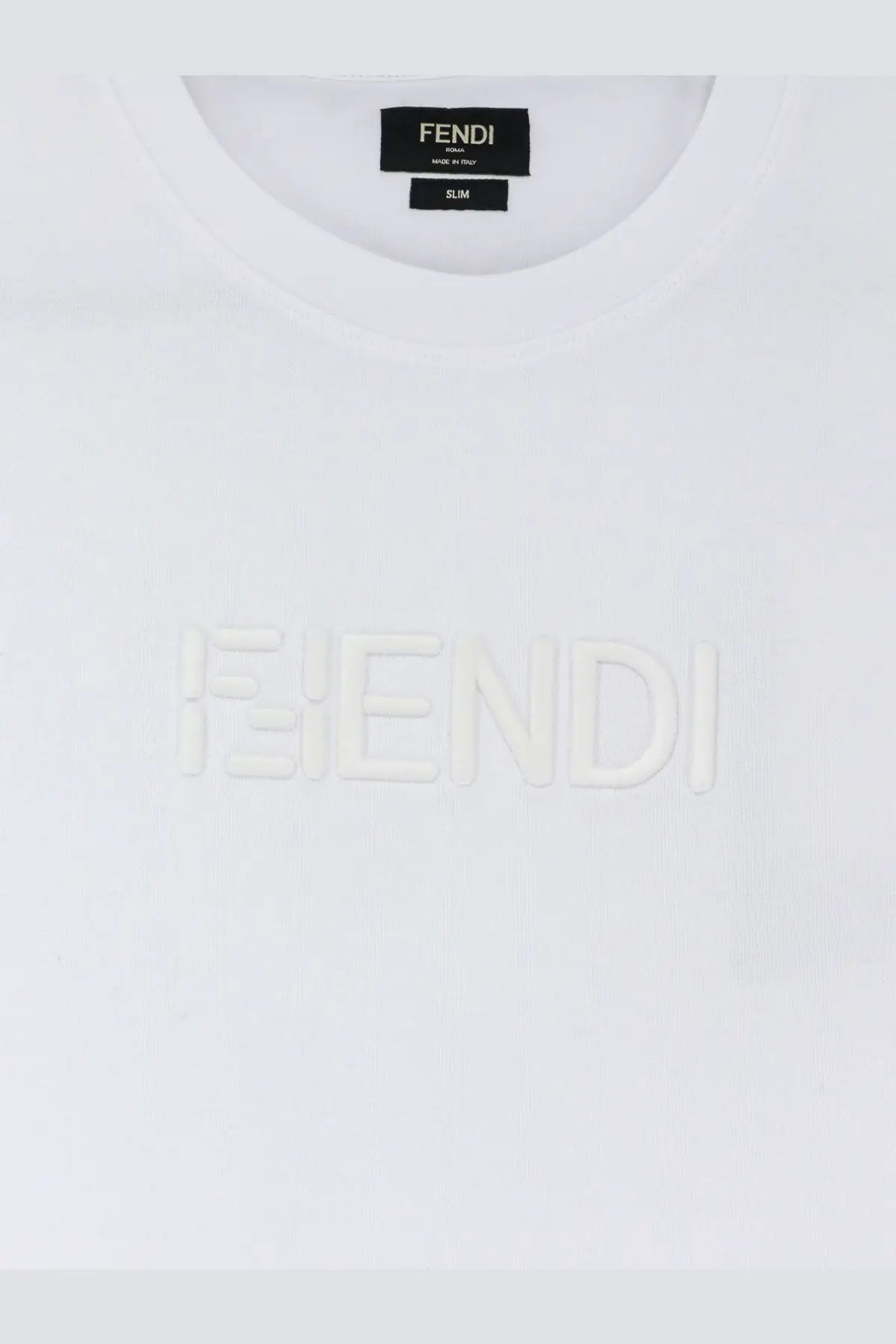 White fendi slim fit cotton t-shirt with subtle raised fendi logo across the chest for men