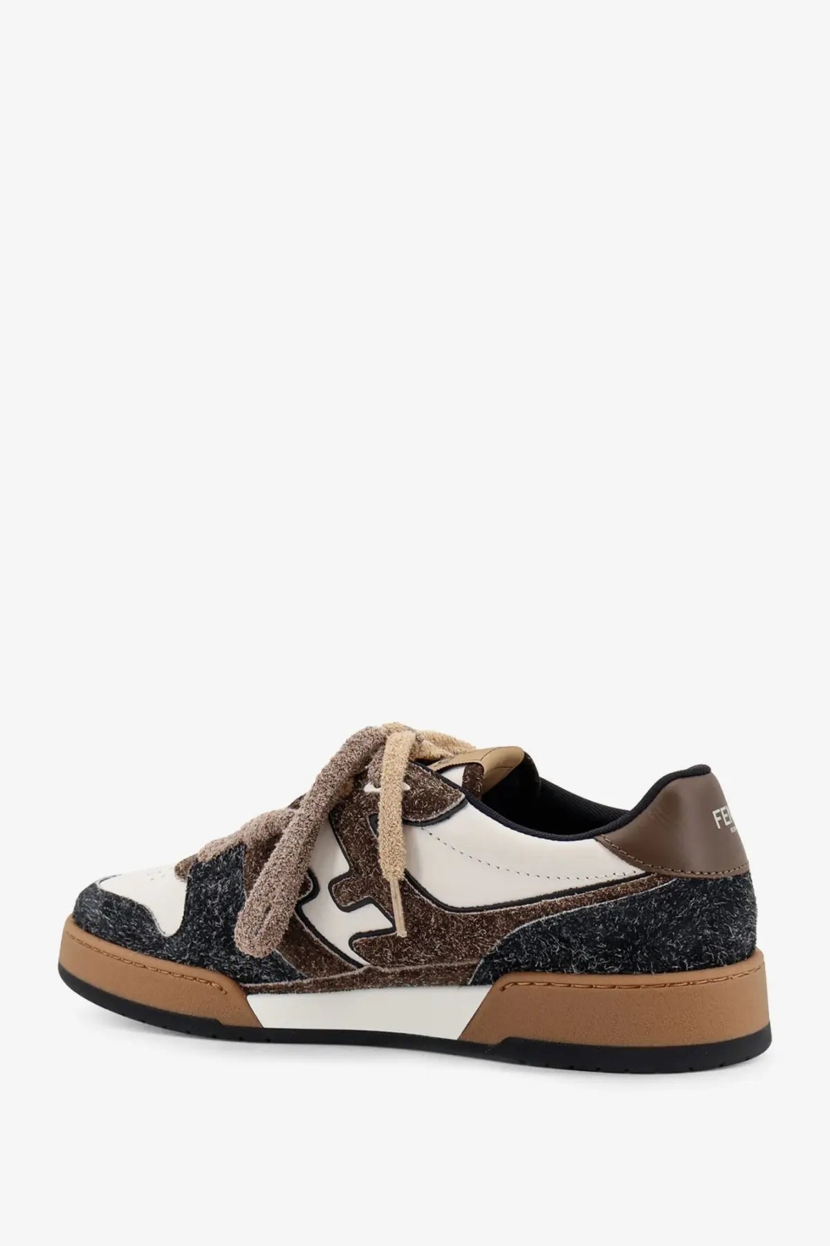 Fendi men’s sneakers fendi match in pelle bianca suede marrone white with brown and white textured glittery upper and suede laces
