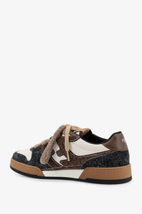 Fendi men’s sneakers fendi match in pelle bianca suede marrone white with brown and white textured glittery upper and suede laces