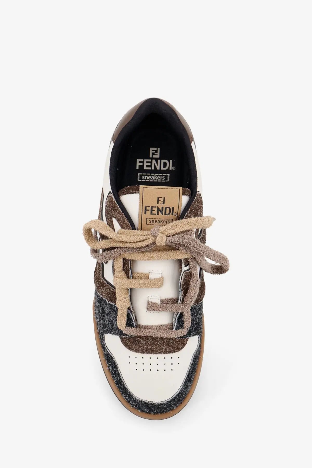 Fendi men’s sneakers featuring white and brown suede with textured laces and a black toe cap in pelle bianca
