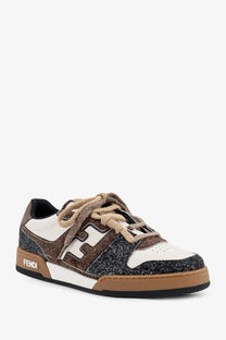Fendi men’s sneakers with textured brown and white upper, suede accents, and tan laces in pelle bianca suede marrone white