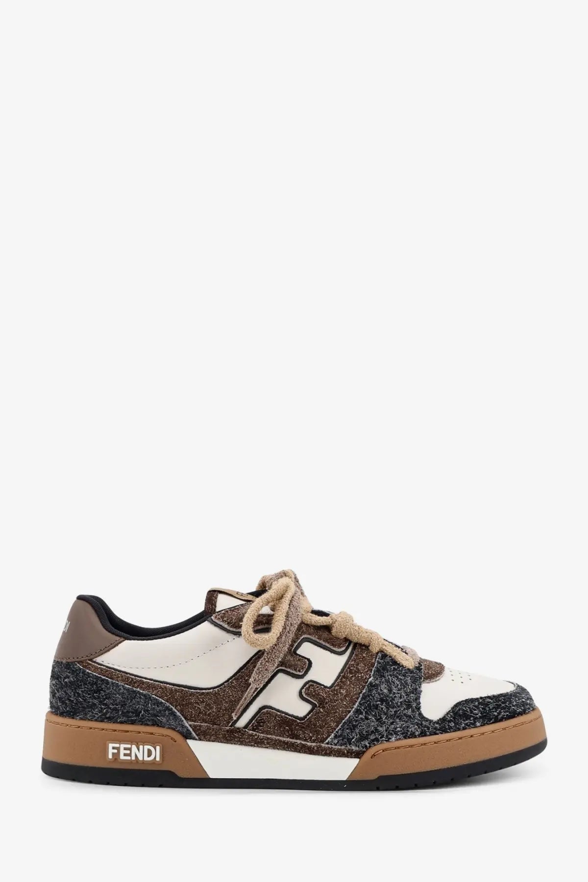 Fendi men’s sneakers with textured brown and white suede upper tan laces and beige rubber sole in match design
