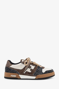 Fendi men’s sneakers with textured brown and white suede upper tan laces and beige rubber sole in match design