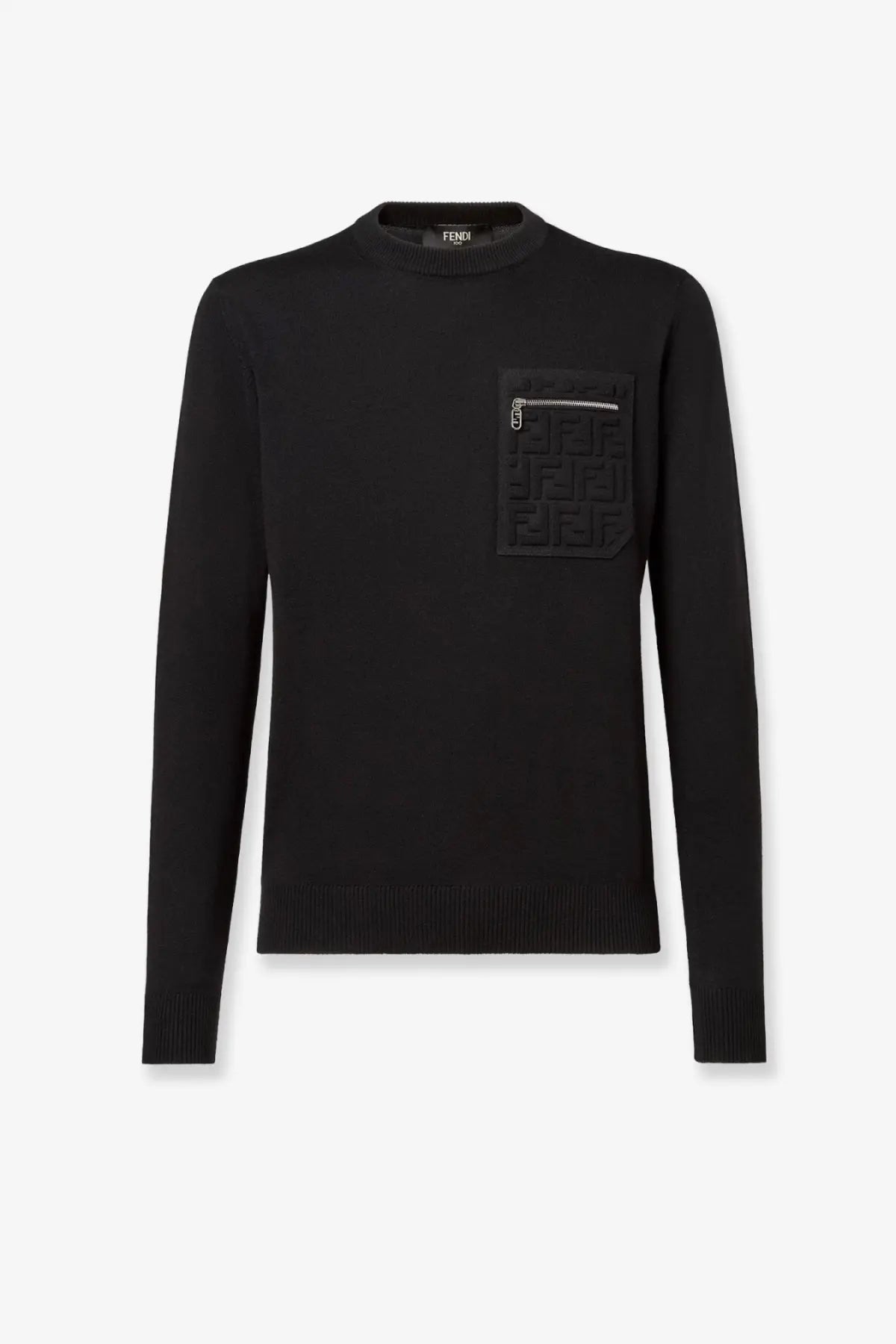 Black fendi men’s virgin wool sweater with textured ff logo pocket and ribbed cuffs
