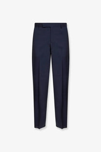 Fendi men’s virgin wool trousers in navy blue with tailored fit, sleek straight-leg cut, and subtle front pleats
