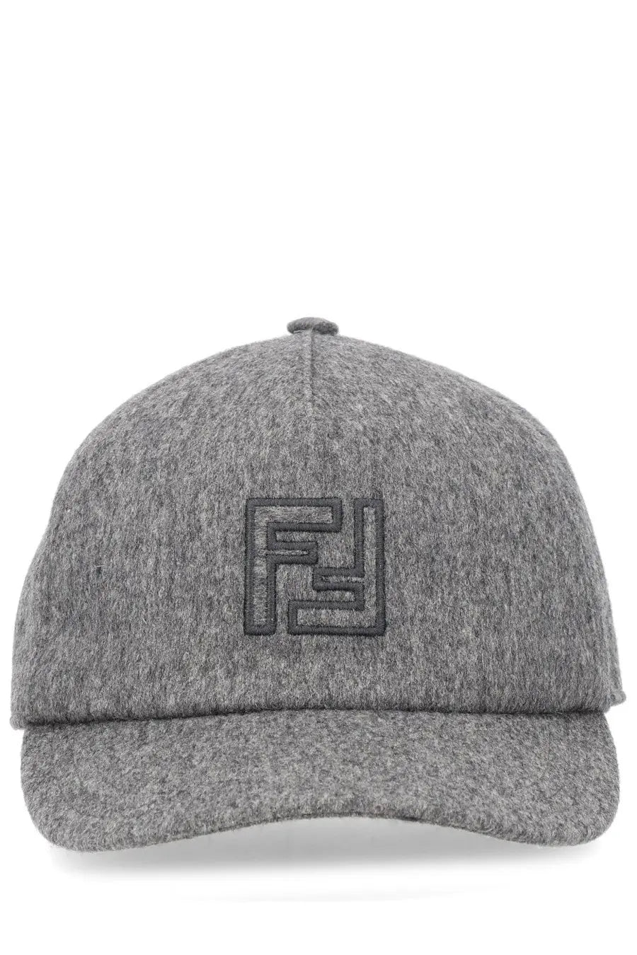 Fendi men’s wool and cashmere baseball hat grey with black embroidered logo on a gray wool cap