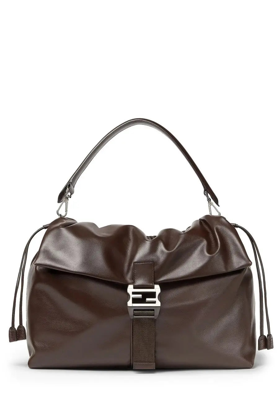 Fendi unisex flux messenger bag in brown leather with silver-toned logo clasp and drawstring ties