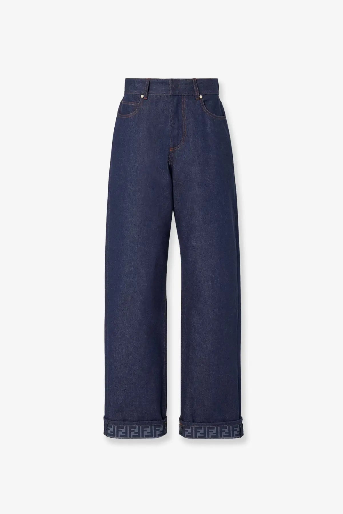 Fendi women’s blue denim jeans with dark blue wide-leg cut and rolled cuffs featuring repeating ff logo pattern
