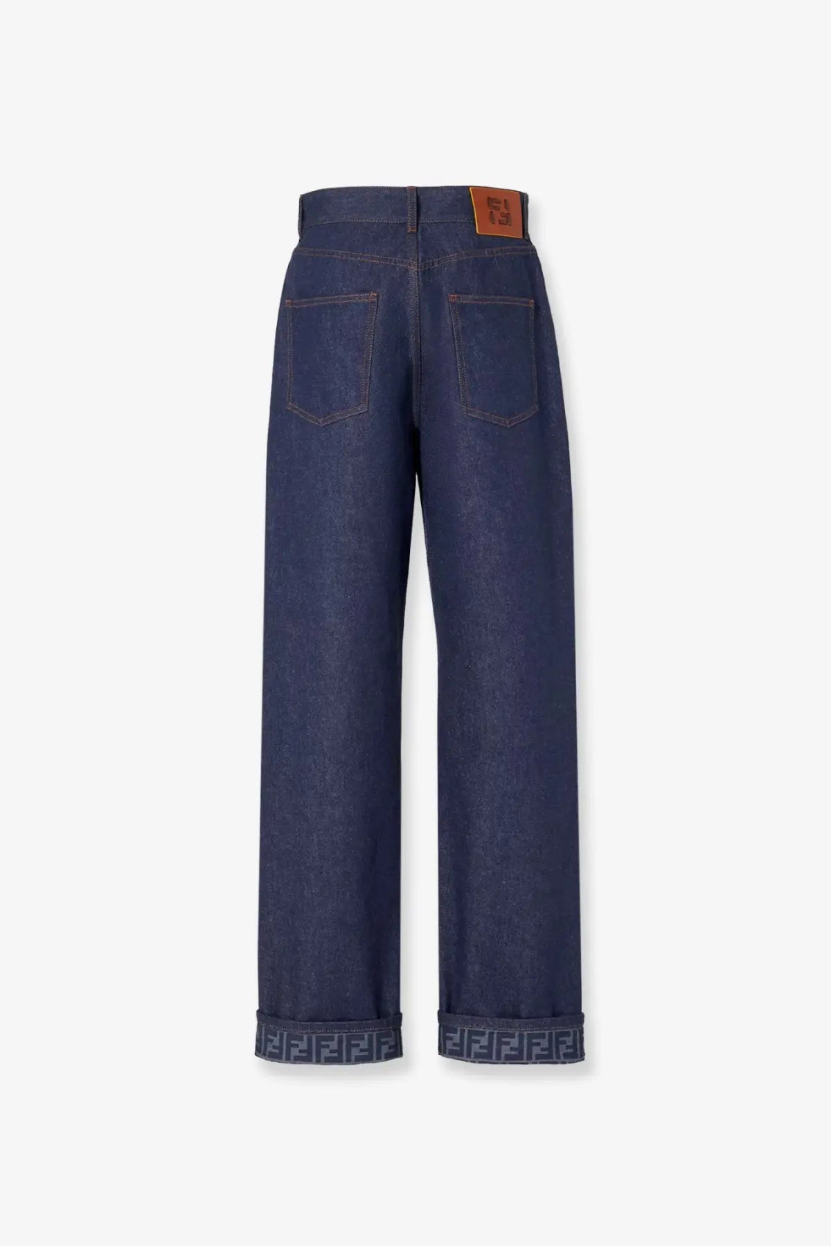 Fendi women’s blue denim jeans featuring dark blue wide-leg denim with fendi logo pattern on rolled cuffs