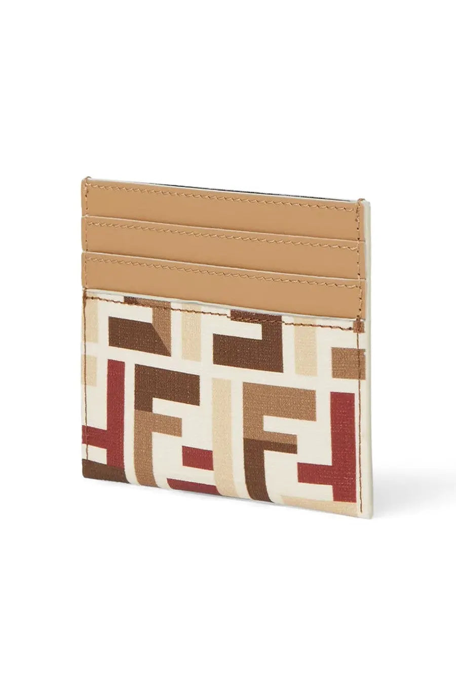 Fendi women’s card holder with beige and brown geometric pattern and tan leather top in Fendi Roma style
