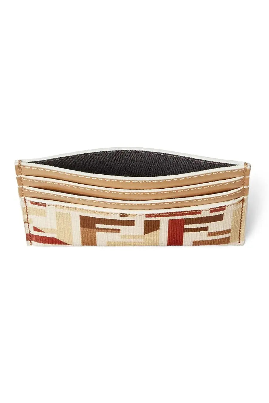 Beige and red geometric patterned Fendi women’s card holder with tan stitching for stylish organization