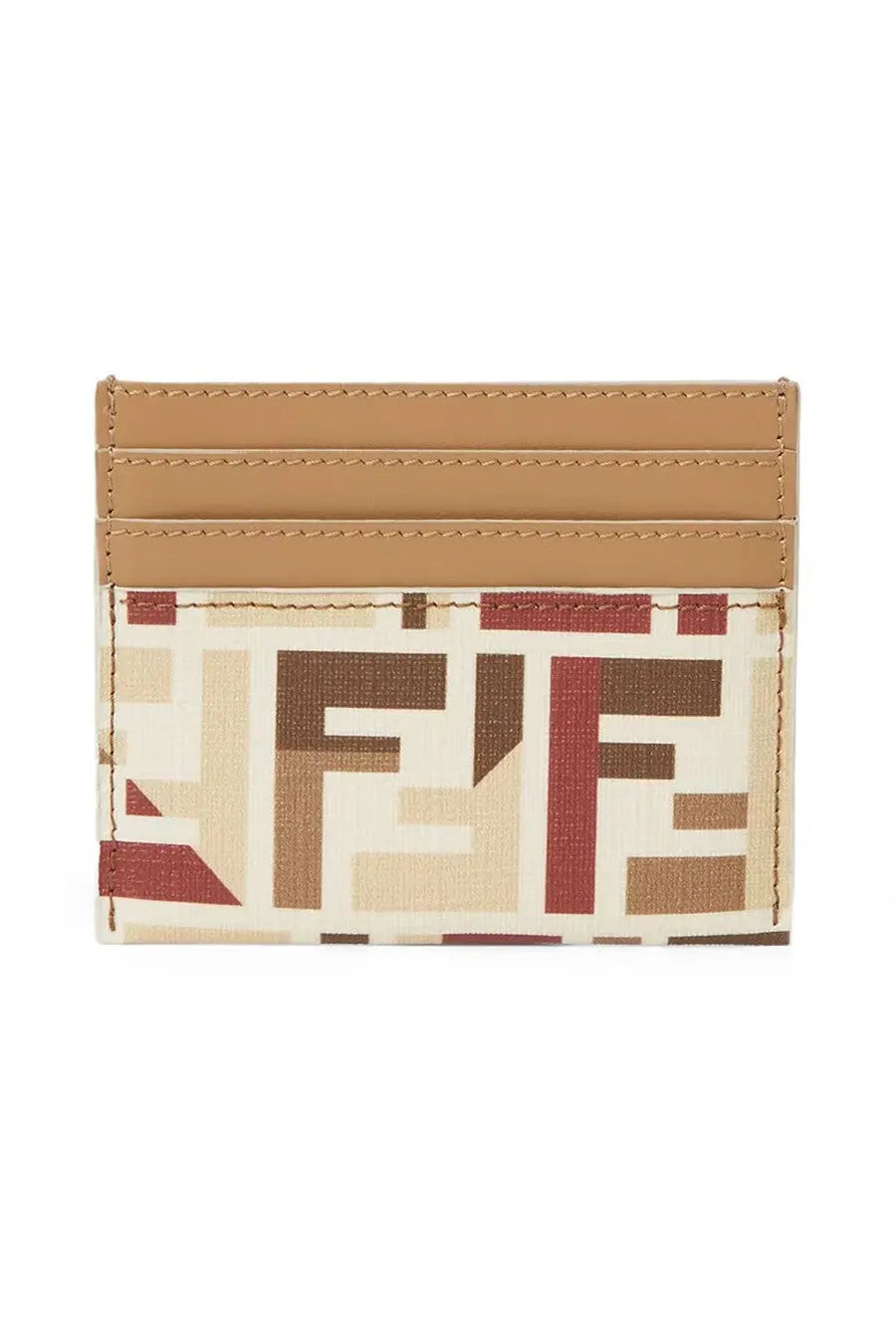 Fendi women’s card holder featuring beige and red geometric pattern with tan leather trim in fendi roma style