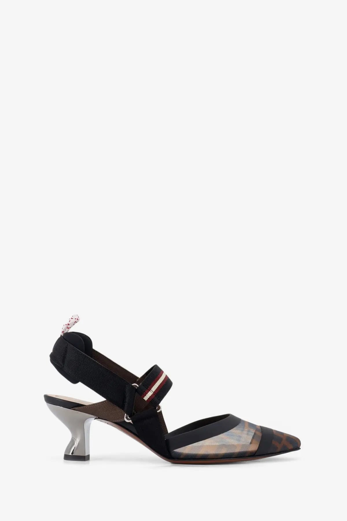 Fendi women’s Colibri slingback pump in black and transparent mesh with metallic heel and FF logo pattern