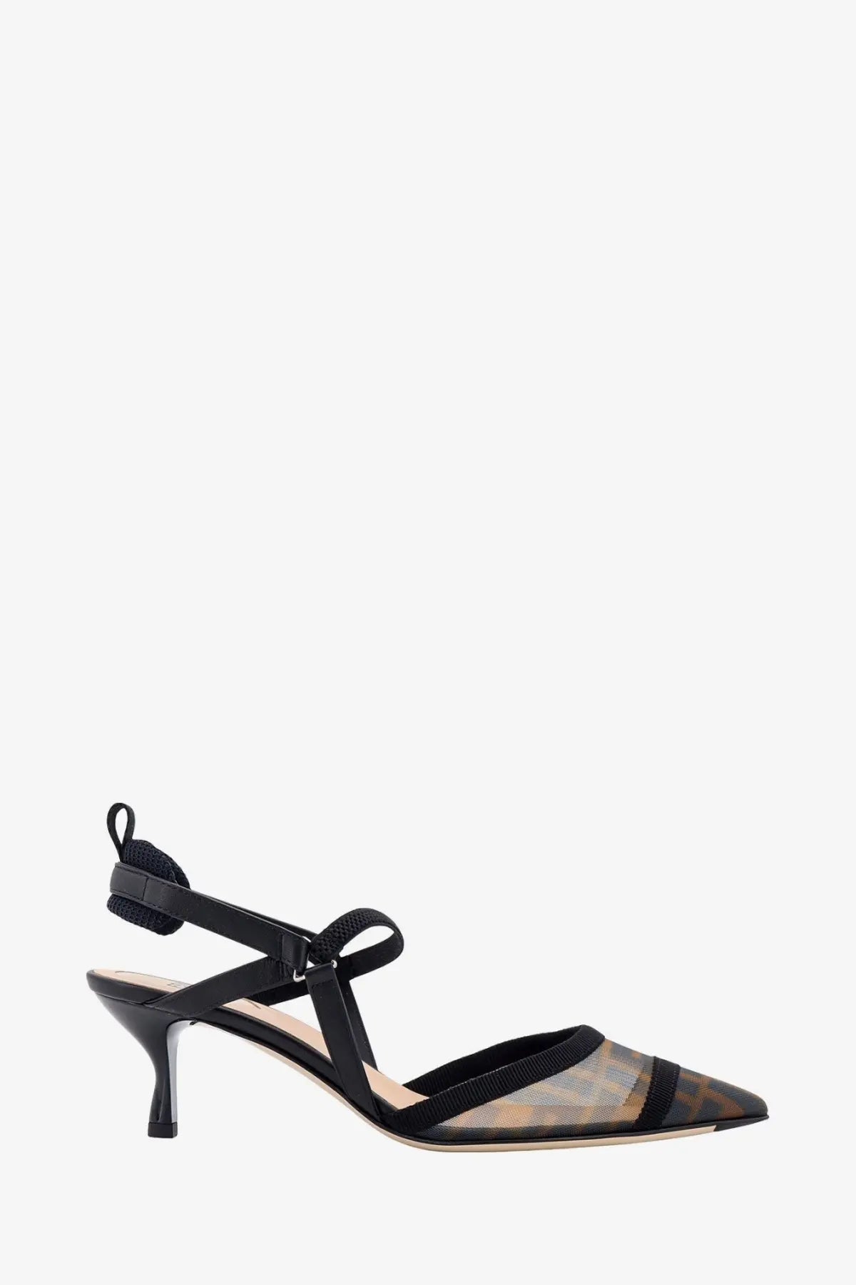 Fendi women’s Colibrì Lite slingback pump in black and beige FF mesh with slender heel and patterned design