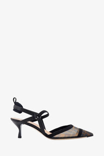 Fendi women’s Colibrì Lite slingback pump in black and beige FF mesh with slender heel and patterned design