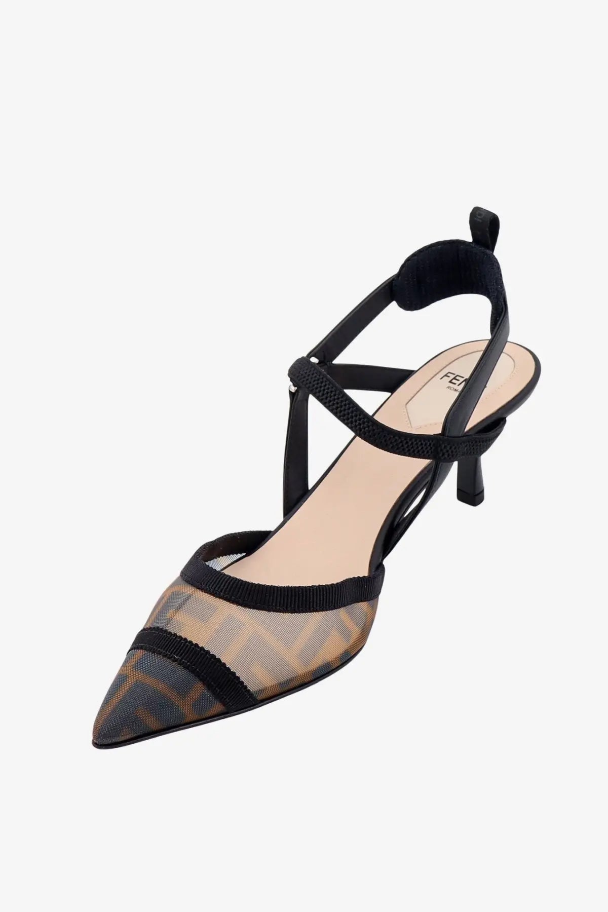 Fendi women’s Colibri Lite pumps black and brown mesh slingback heel with pointed toe and logo pattern