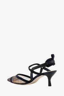 Fendi women’s colibri lite pumps in black featuring strappy heels and transparent toe panel with ff mesh pattern