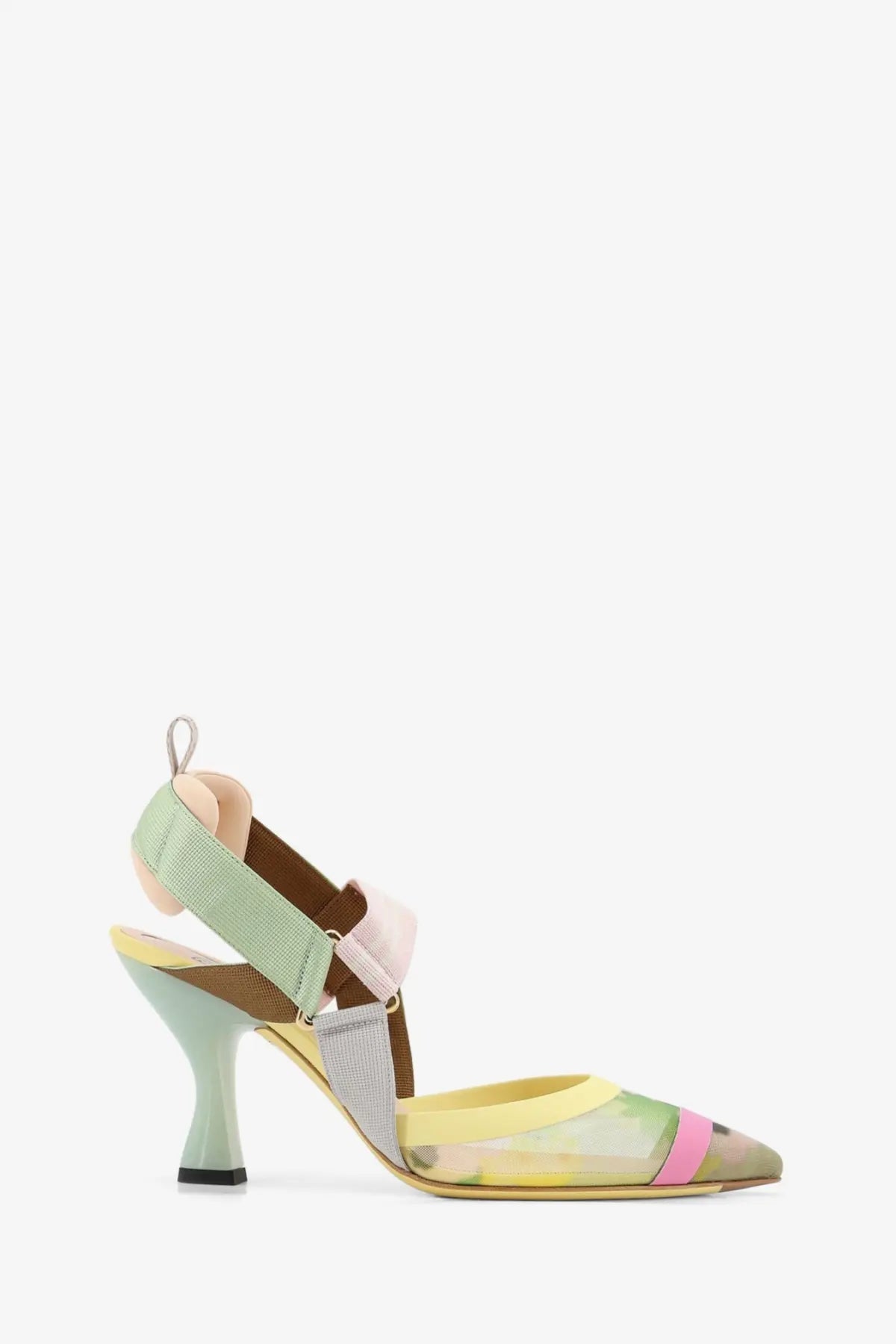 Fendi women’s Colibri pastel pink slingback pump with multicolor mesh, suede, and elastic straps