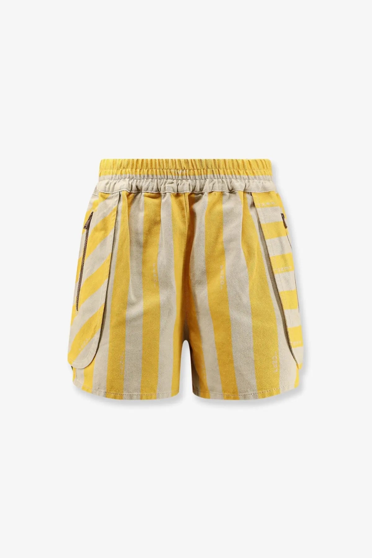 Fendi women’s yellow and beige cotton and linen shorts with vertical stripes and side pockets featuring diagonal zippers