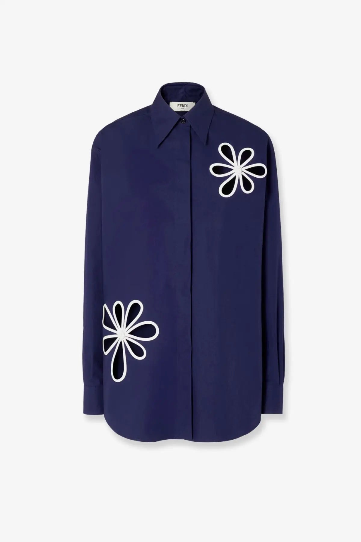 Fendi women’s navy blue cotton popelin shirt with bold white embroidered flower motifs on chest and sleeve
