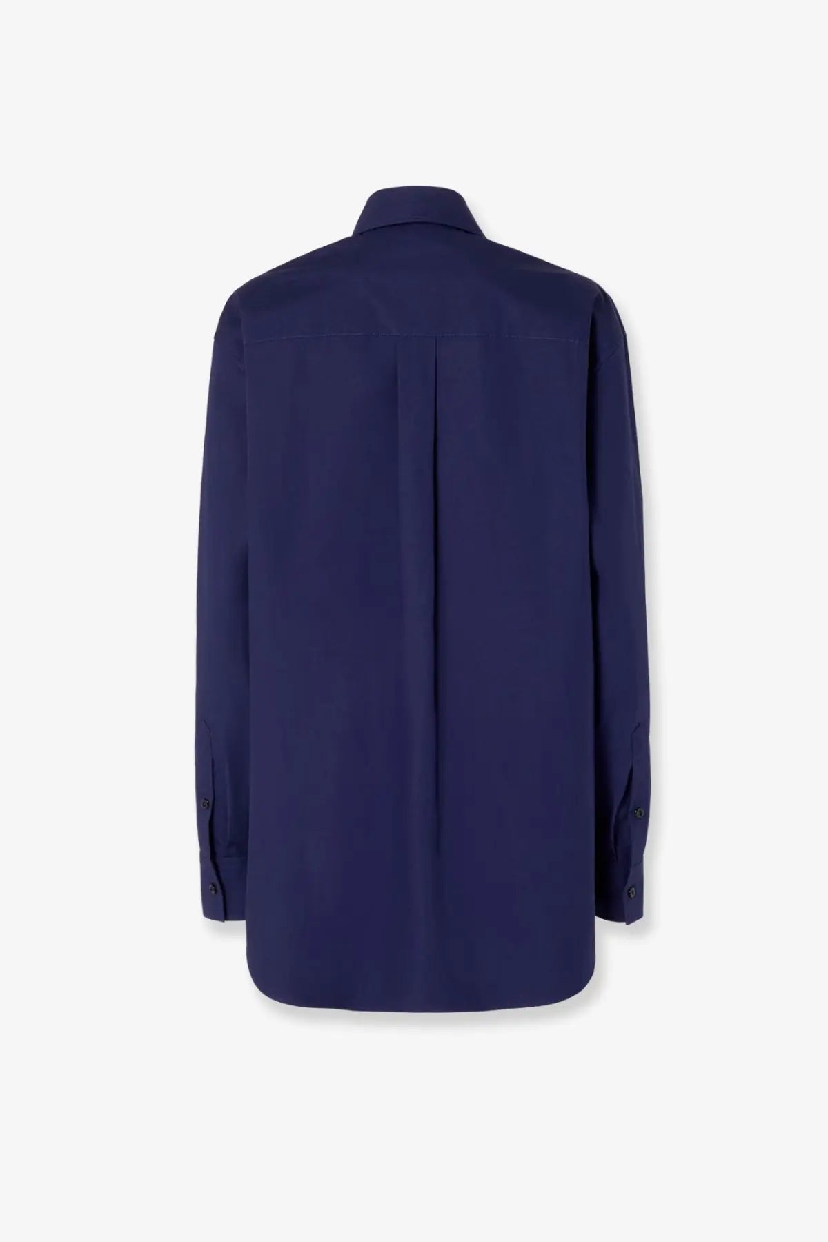 Navy blue long-sleeved Fendi women’s cotton popelin shirt with classic collar and subtle back pleats shown from the back