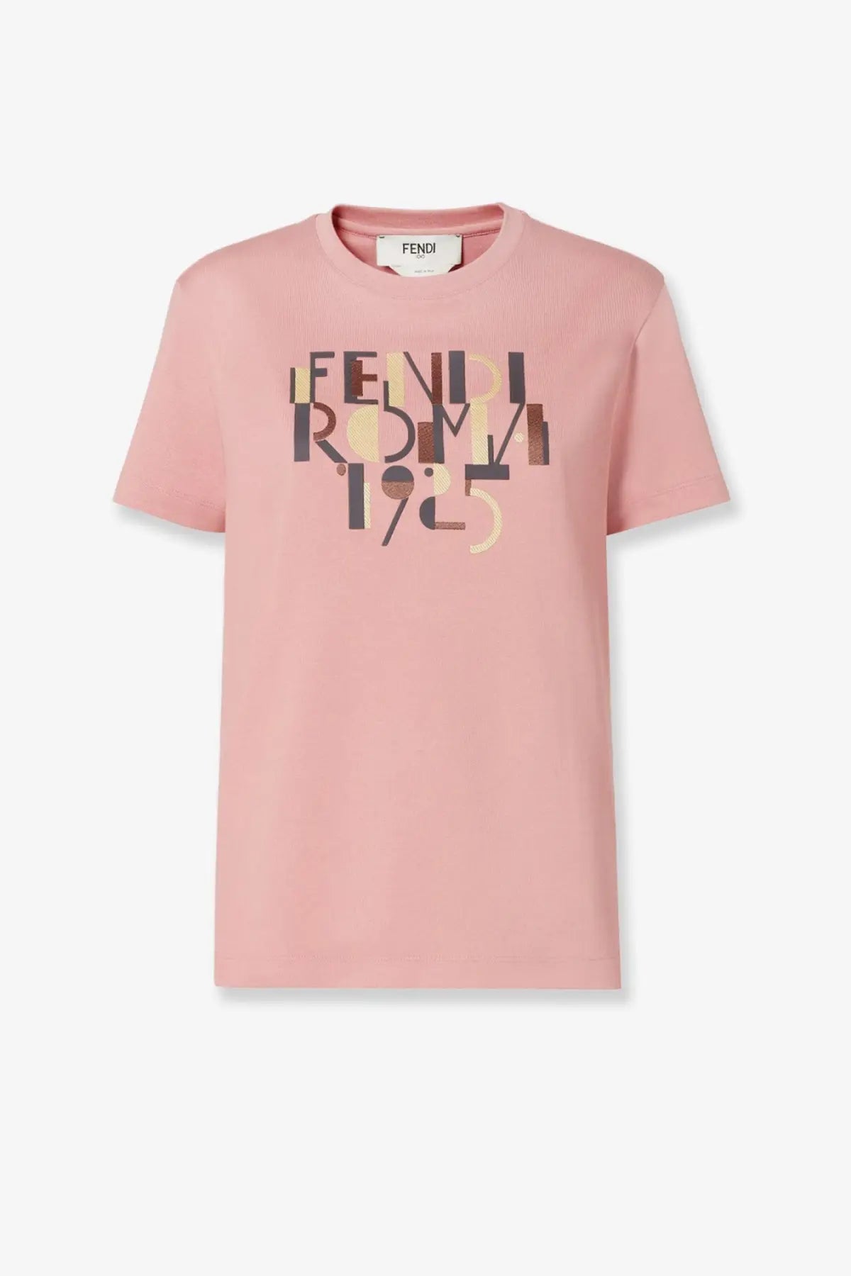 Fendi women’s soft pink cotton t-shirt with bold multicolored graphic print and fendi roma 1925 in black and gold