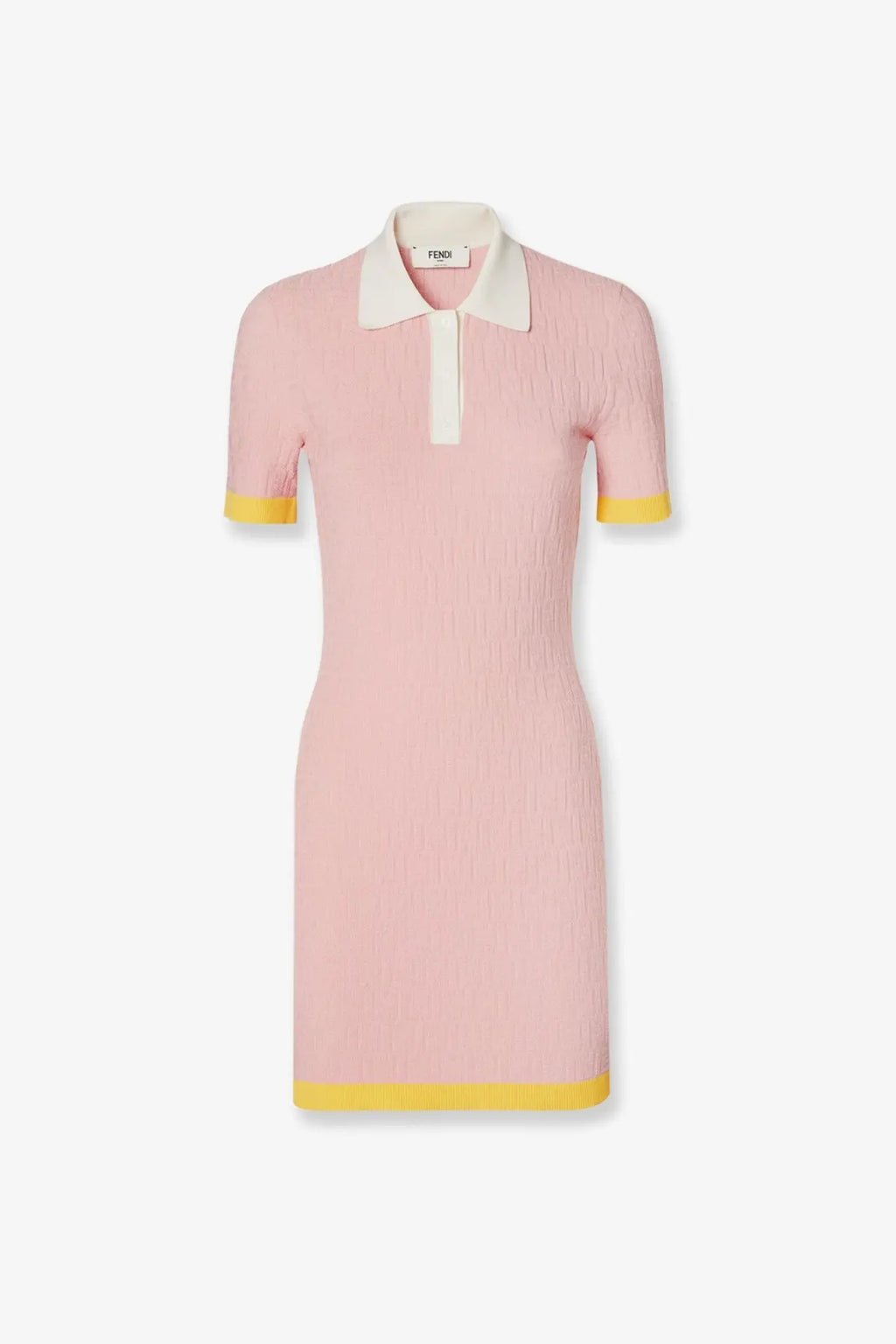 Fendi women’s cotton and silk blend pink knit polo dress with white collar and yellow trim at cuffs and hem