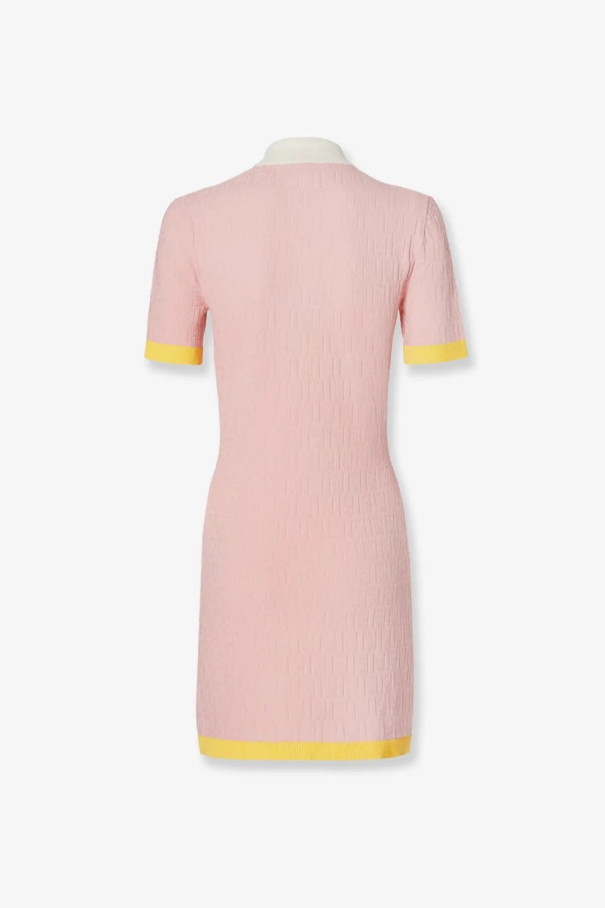 Fendi women’s cotton and silk blend short dress in pink with textured fabric and yellow trim at cuffs and hem