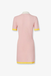 Fendi women’s cotton and silk blend short dress in pink with textured fabric and yellow trim at cuffs and hem