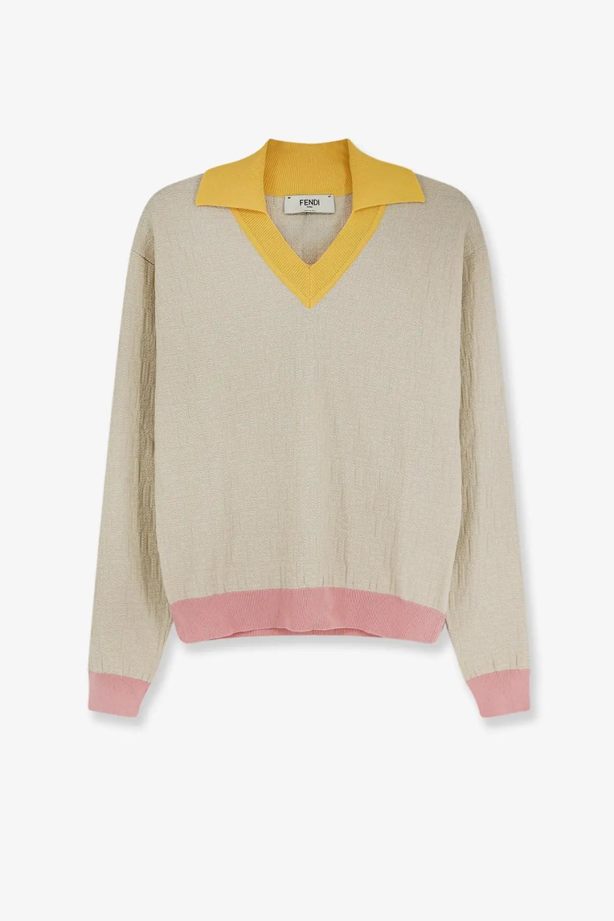 Beige Fendi knit sweater with yellow collar and pink ribbed cuffs made from cotton and silk for women