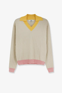 Beige Fendi knit sweater with yellow collar and pink ribbed cuffs made from cotton and silk for women