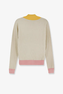 Fendi women’s cotton and silk beige knit sweater with yellow collar and pink ribbed cuffs and hem