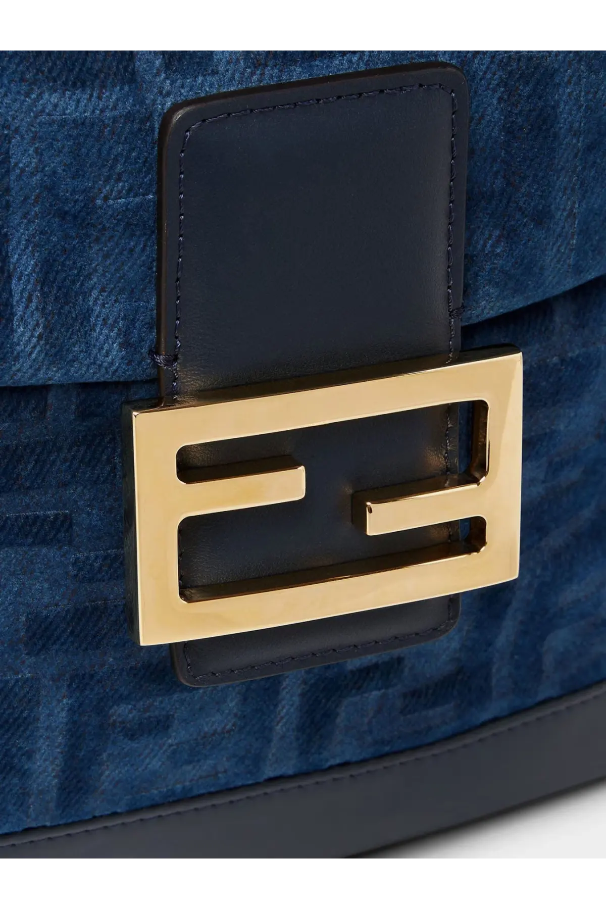 Blue Fendi denim backpack with gold-tone FF logo clasp and black leather accents for women in grey tone