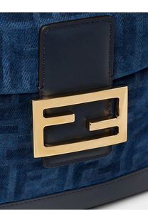 Blue Fendi denim backpack with gold-tone FF logo clasp and black leather accents for women in grey tone