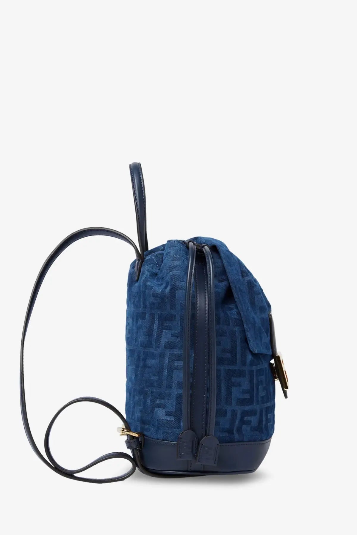 Fendi women’s denim backpack in navy blue with repeating ff logo pattern and leather trim in grey tones