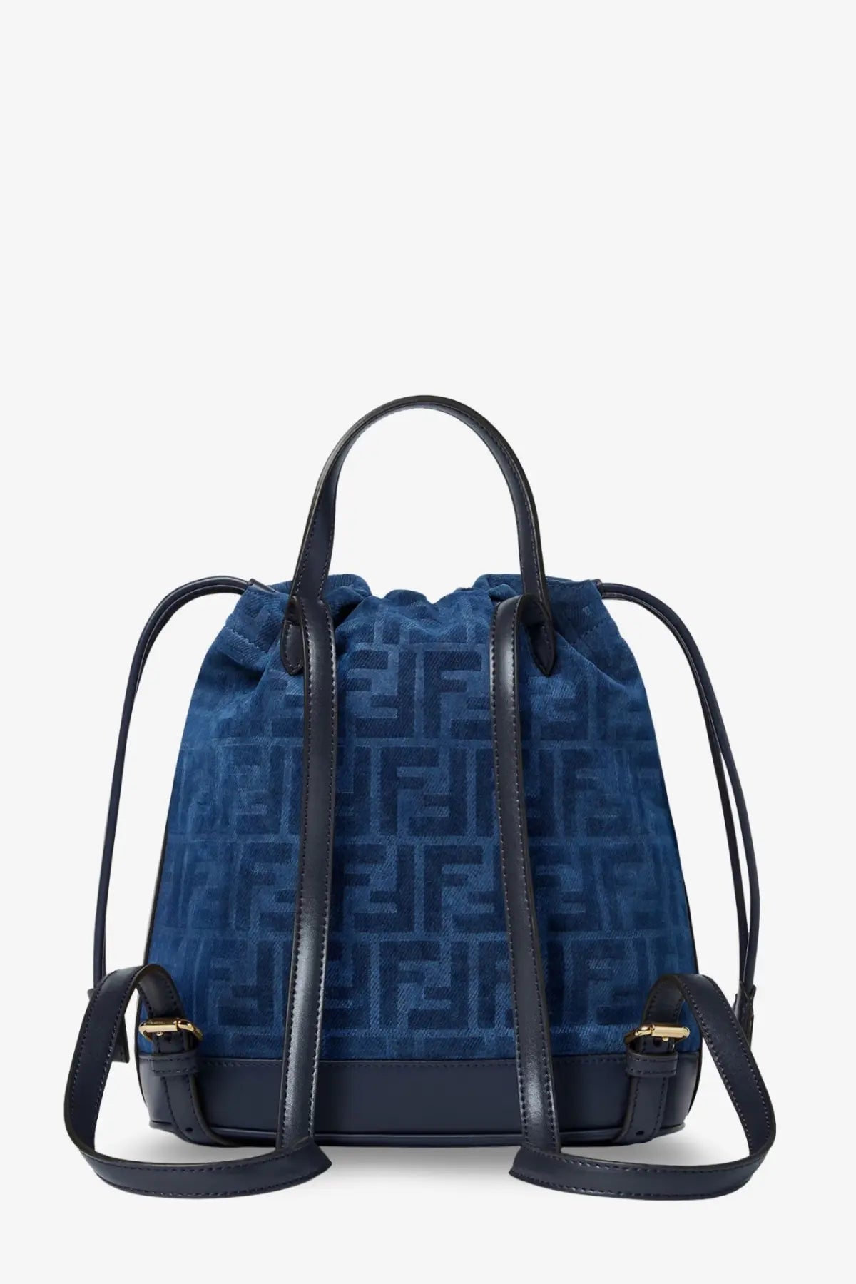 Navy blue suede fendi women’s denim backpack with black leather straps and gold-tone ff logo hardware pattern